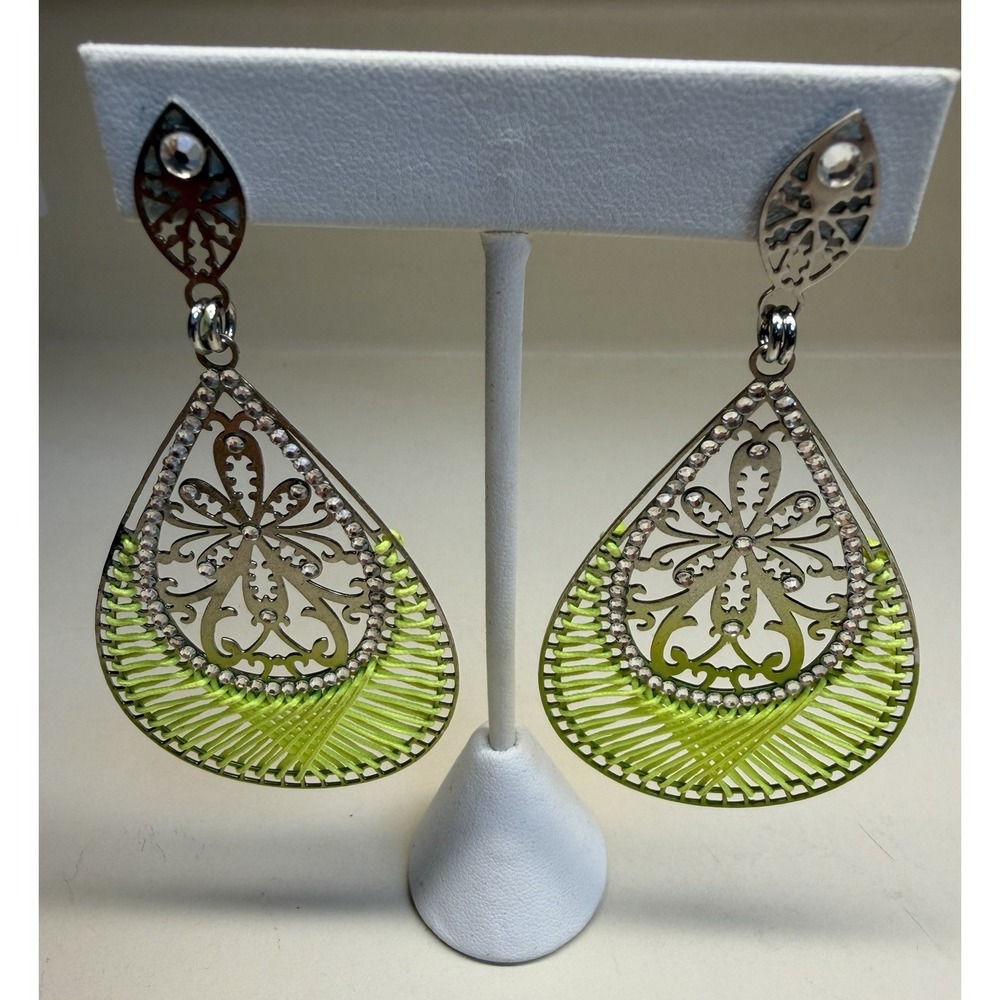 Leetal Kalmanson LK Designs Neon Green‎ Crystal Filigree Dangle Earrings